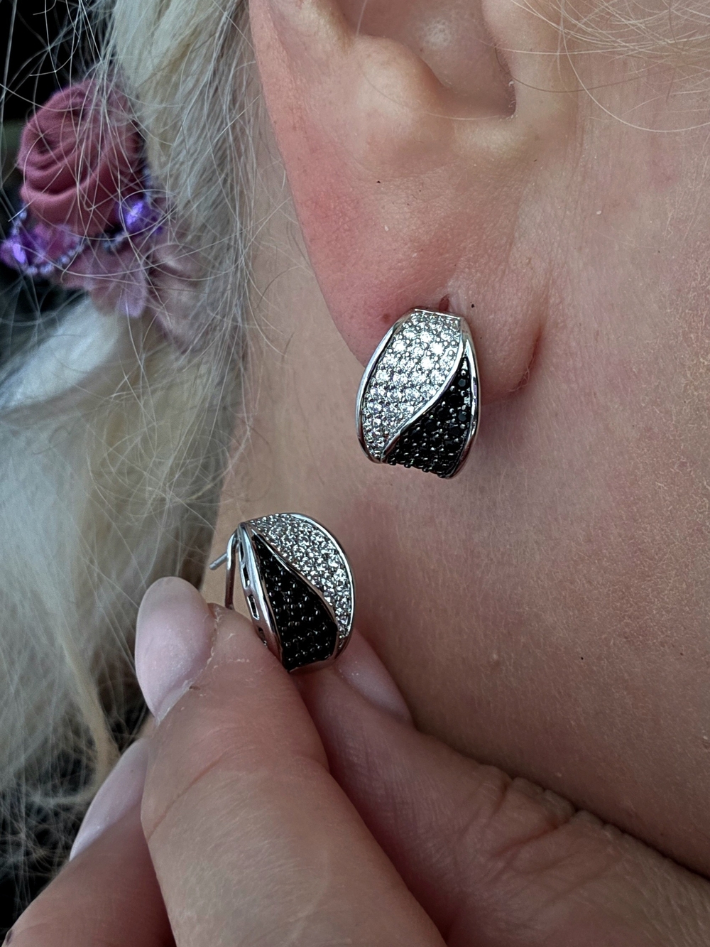 Elegant Black & White Pavé Hoop Earrings - Women Jewelry